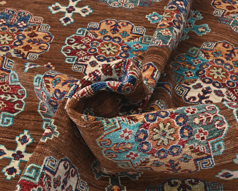 8x11 Brown Kazak Afghan Hand Knotted Geometric Wool Area Rug